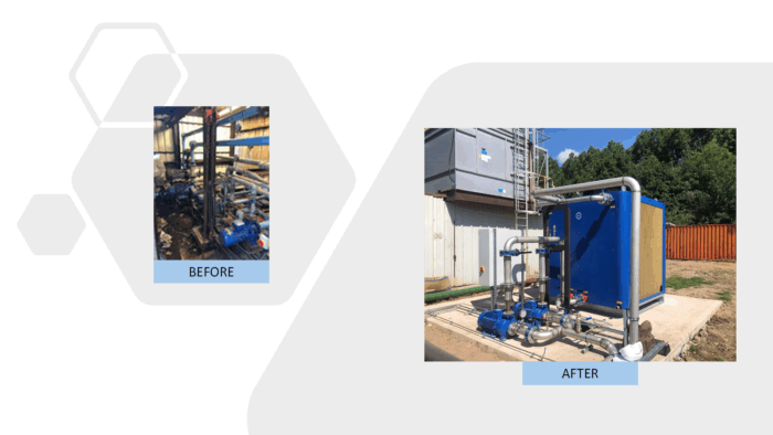 Before photo: ageing galvanised steel cooling tank; After photo: new adiabatic cooling system with pump set