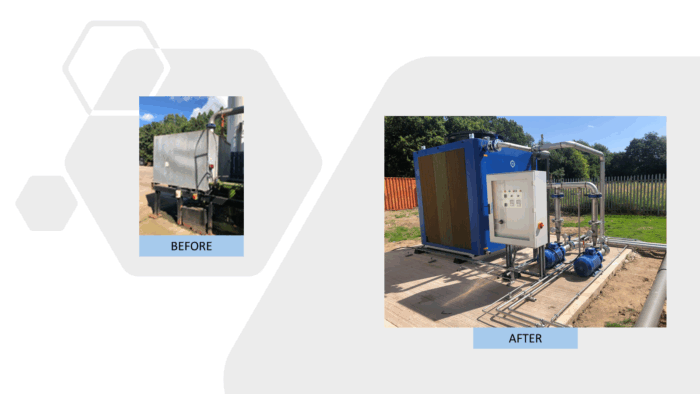 Before photo: ageing galvanised steel cooling tank; After photo: new adiabatic cooling system with pump set