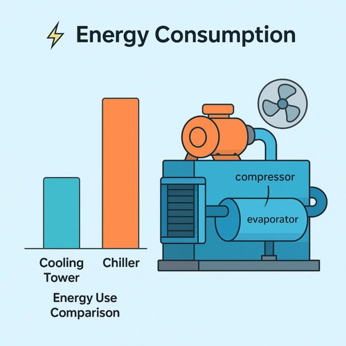 Bar chart comparing cooling tower and chiller energy consumption, with labelled chiller components