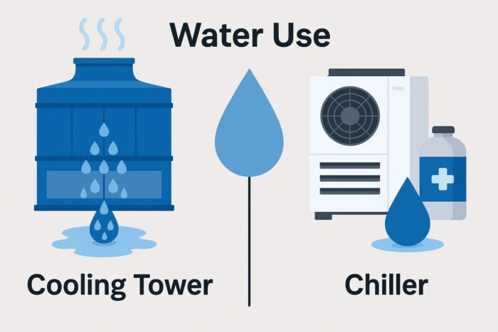 Illustration showing cooling tower evaporating water versus chiller closed-loop water use.